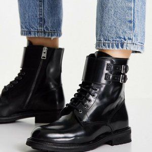 AllSaints Brigade 10 US Leather Lace Up Biker Boots Black Size 40 EU